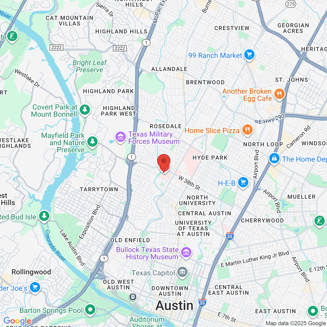 Google map image of our location in 1301 W 38th Street Austin, TX